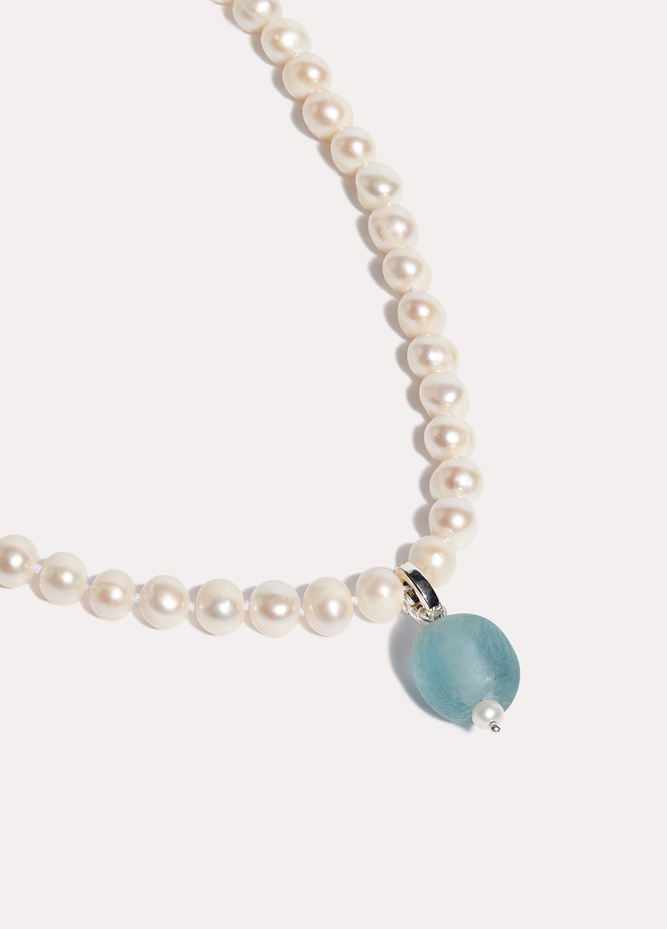 Pearl Necklace with Sea Glass Silver Charm Set